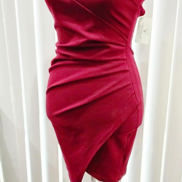 Windsor ✦ Open Back Burgundy Mini Dress ✦ Asymmetrical Wrap w/ Draped Bodycon S - Picture 9 of 17